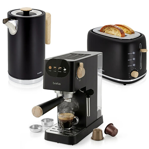 Briebe Nordic Set Machine à Café 20 Bars, Grille-Pain 2 Tranches, Bouilloire Électrique SKT1209BLK