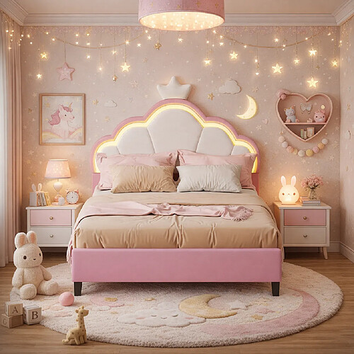 MEXUS Lit enfant 90x200 cm avec LED, design couronne de princesse en velours, rose