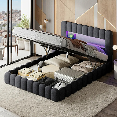 MEXUS Lit adulte 140x200 cm avec LED et USB, étagères ouvertes et rangement, velours, gris