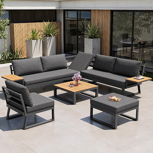 KOMHTOM Salon de jardin angle 7 places bois, coussins 10cm, table basse, métal, gris