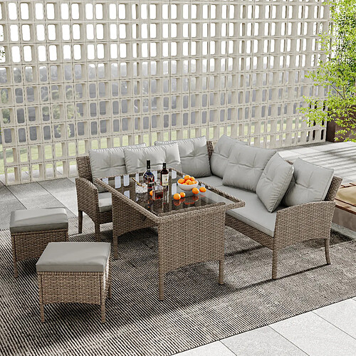 KOMHTOM Salon jardin 7 places poly-rattan, canapé, table, tabourets, housse lavable, khaki