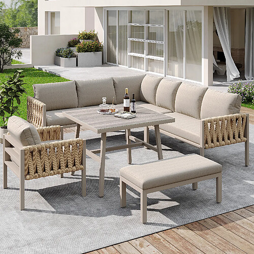 KOMHTOM Salon de jardin angle corde, métal galvanisé, table verre trempé, coussins beige