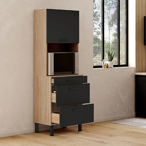 Idmarket Colonne de cuisine micro-ondes et casserolier 60 cm CINA 2 portes façon hêtre et noir