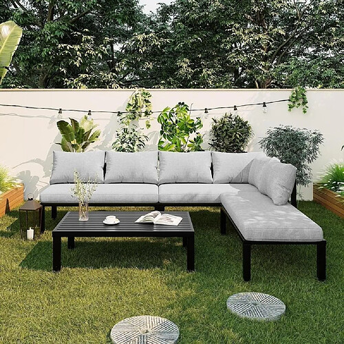 KOMHTOM Salon de jardin modulable 6 places, table fer galvanisé, dossiers amovibles, gris