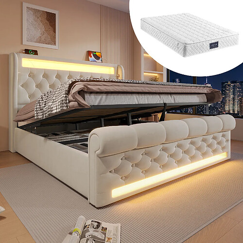 KOMHTOM Lit capitonné velours 140x200, LED, USB-C, rangement hydraulique, matelas inclus beige