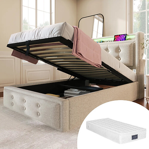KOMHTOM Lit simple 90x200 cm avec matelas, rangement hydraulique, LED, USB-C, prise, beige