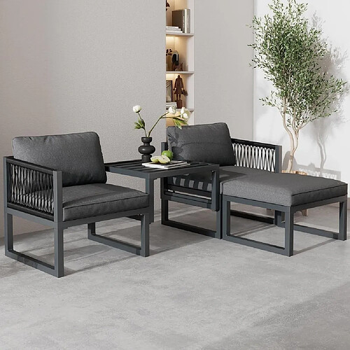 KOMHTOM Salon de jardin modulable 4 pièces, table réglable, fer galvanisé, rotin PE, gris