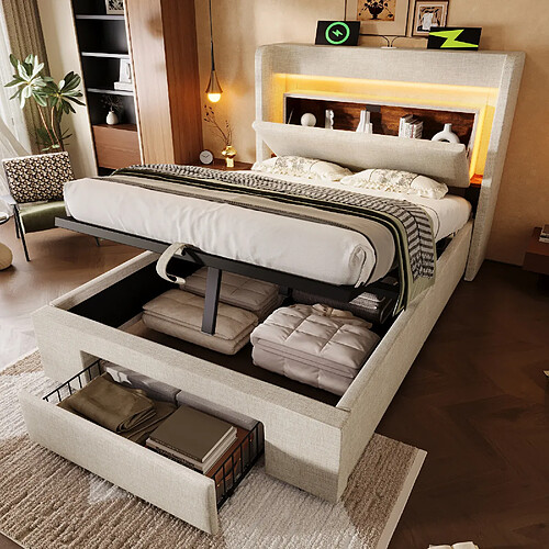 KOMHTOM Lit coffre 90x200 avec matelas, tête LED, ports USB, rangement hydraulique, beige