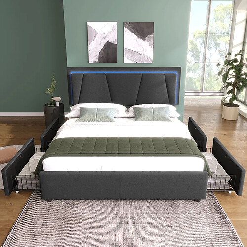 KOMHTOM Lit Rembourré 160x200cm, Matelas 720 Ressorts, Tête Réglable 55cm, Sommier Bois, Gris