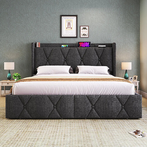 KOMHTOM Lit double 140x200 cm avec matelas, 4 tiroirs, USB, prise, tête rembourrée, lin, gris