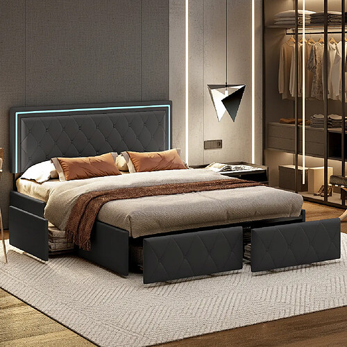 MEXUS Lit double 140x200 cm avec rangement, LED intégrée, 4 tiroirs, PU, noir