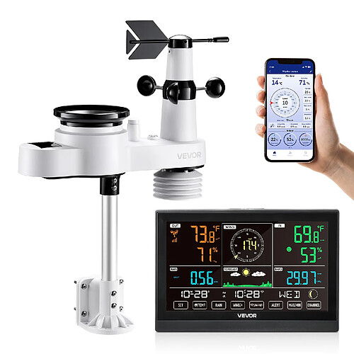 VEVOR Station Météo Sans Fil WiFi Solaire 5 en 1 avec Capteur Écran VA 190,5 mm