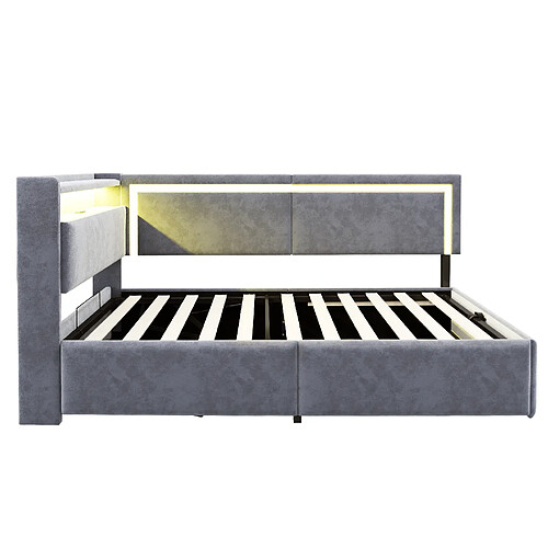 DZMDIP Lit simple 90x200cm - Lit coffre hydraulique, lit avec rangement, LED et USB,hell gris