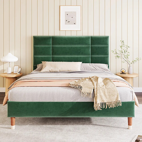 KOMHTOM Lit double 140x200 cm en lin, tête de lit rembourrée, sommier lattes, adultes, vert