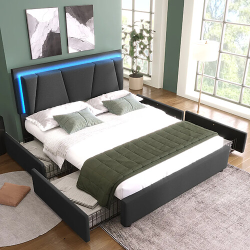 KOMHTOM Lit double rembourré 140x200 cm, LED, tête réglable, 4 tiroirs, sommier bois, gris