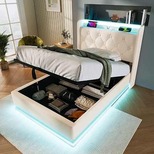 KOMHTOM Lit simple 90x200 cm, LED 360, télécommande, coffre hydraulique, USB-C, blanc