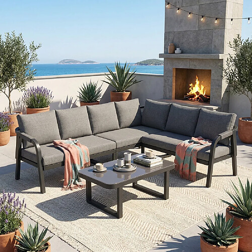 KOMHTOM Salon de jardin angle 6 places corde tressée acier galvanisé table basse verre gris
