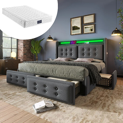 KOMHTOM Lit Polsterbett 140x200 cm, matelas, tête LED USB-C, 4 tiroirs, coton, 300kg, gris