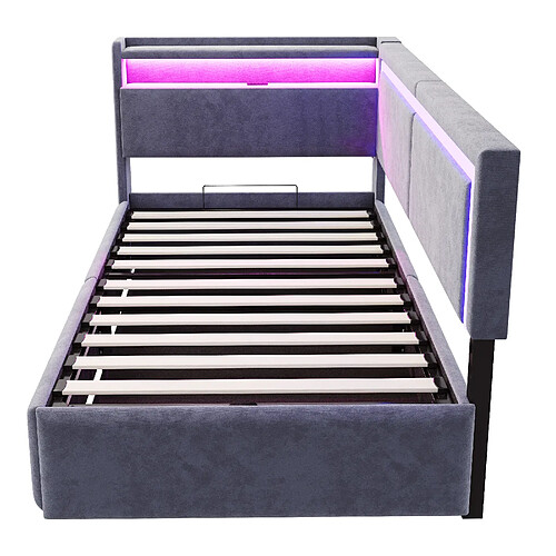 DZMDIP Lit simple 90x200cm - Lit coffre hydraulique,lit avec rangement, LED et USB, Gris foncé