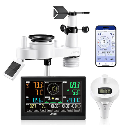VEVOR Station Météo Sans Fil WiFi Solaire Écran VA 190,5 mm Thermomètre Piscine