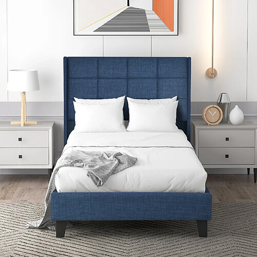 KOMHTOM Lit simple 90x200 cm capitonné lin bleu, matelas ressorts ensachés, cadre acier