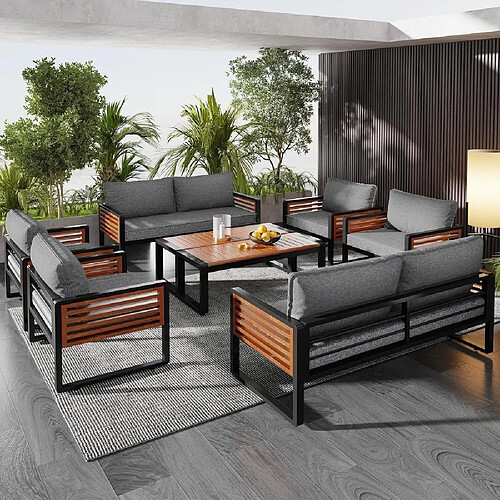 KOMHTOM Salon de jardin 8 pièces fer galvanisé, 2 canapés, 4 fauteuils, 2 tables, gris