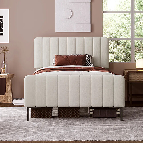 KOMHTOM Lit rembourré 90x200 cm, tête réglable, matelas ressorts inclus, lin, gris beige
