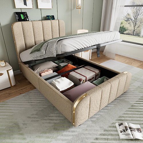 KOMHTOM Lit simple 90x200 cm, tête de lit dorée, USB-C, rangement hydraulique, lin beige