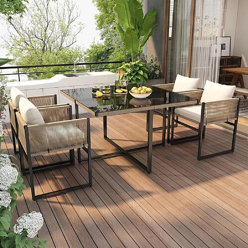 KOMHTOM Ensemble repas jardin 5 pièces, table verre sécurité 5mm, 4 chaises corde, gris