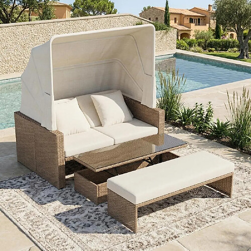 KOMHTOM Salon résine tressée 4 places convertible lit double,table relevable,auvent amovible kaki