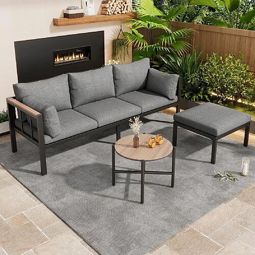 KOMHTOM Salon d'angle jardin canapé table basse repose-pieds acier verre effet bois gris