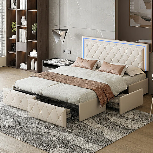 MEXUS Lit double 160x200 cm avec rangement, LED intégrée, 4 tiroirs, PU, blanc