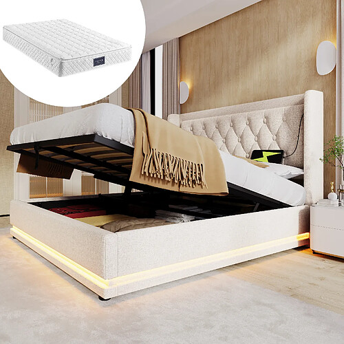 KOMHTOM Lit double 140x200 cm avec matelas, rangement hydraulique, LED 3 côtés, USB-C, beige