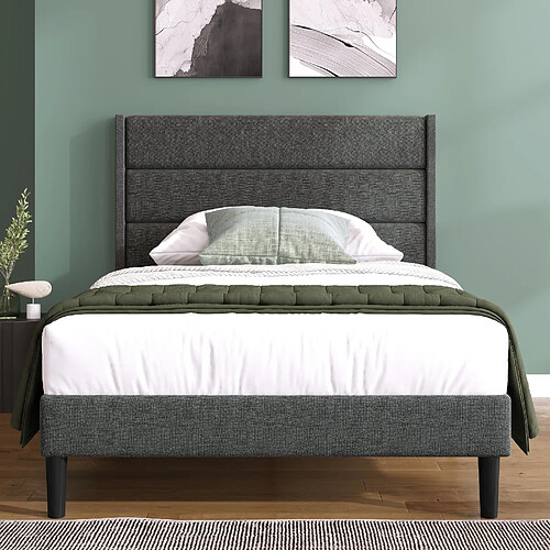 KOMHTOM Lit Ado Rembourré 90x200 cm, Tête de Lit en Lin, Lattes Incluses, Cadre Robuste, Gris