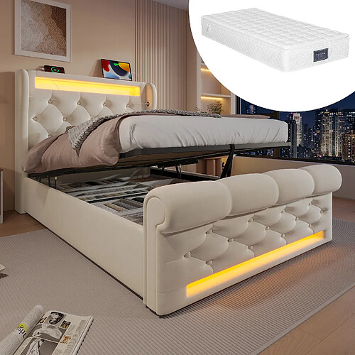 KOMHTOM Lit simple 90x200 capitonné LED 360°, rangement USB-C, hydraulique velours, matelas beige
