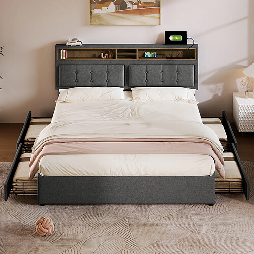 KOMHTOM Lit double 140x200 cm, 4 tiroirs, USB-C, tête réglable, matelas 620 ressorts, Gris