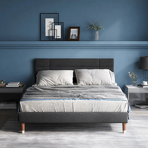 KOMHTOM Lit Rembourré 140x200cm, Matelas Ressorts Ensachés, Tête Lin 8cm, Rangement 17cm, Noir