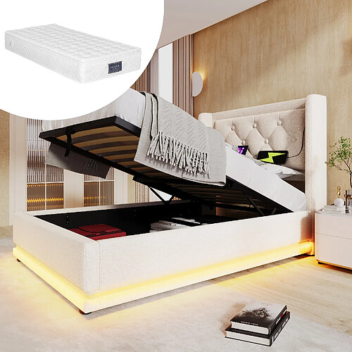 KOMHTOM Lit simple 90x200 cm avec LED 3 côtés, télécommande, 2 USB, tête capitonnée, matelas, gris