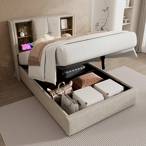 KOMHTOM Lit capitonné 90x200 cm, matelas inclus, sommier à lattes, USB-C, rangement, tissu natural