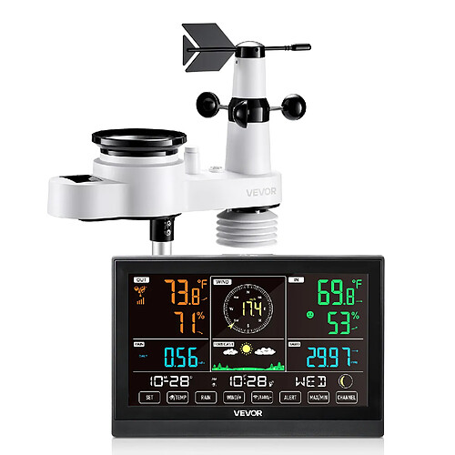 VEVOR Station Météo Sans Fil Solaire 5 en 1 Capteur Extérieur Écran VA 190,5 mm