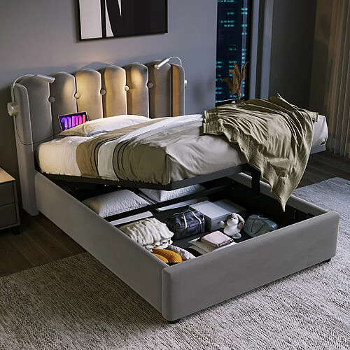 KOMHTOM Lit simple 90x200 cm velours gris, tête hydraulique, rangement, lampe USB, matelas
