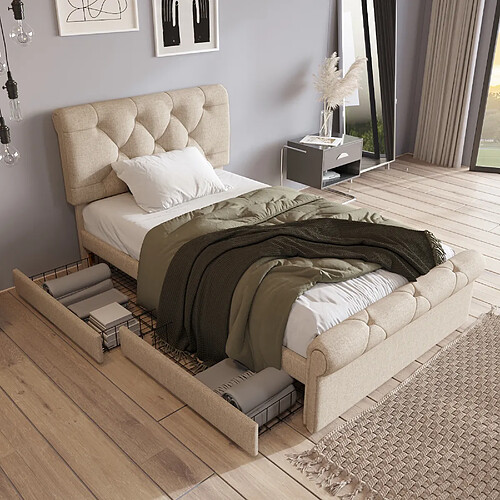 KOMHTOM Lit Simple 90x200 cm, Lin, 2 Tiroirs, Tête Réglable, Chesterfield, Boutons, Naturel