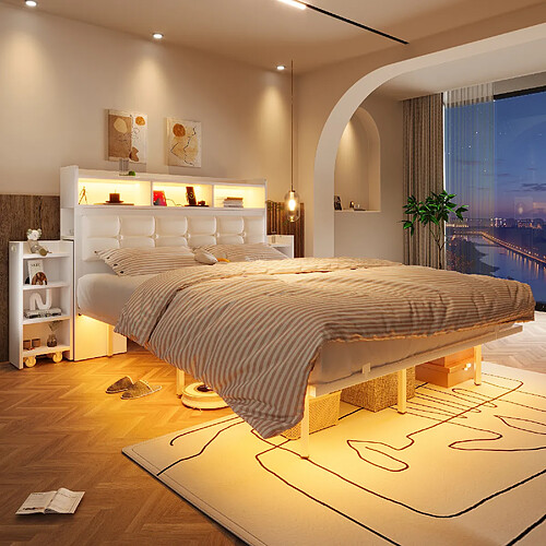 KOMHTOM Lit double 140x190 cm avec LED, USB-C, 2 tiroirs, rangement métal, 30 cm, blanc