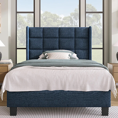 KOMHTOM Lit simple 90x200 cm, tête haute, sommier acier inclus, pieds noirs, bleu lin