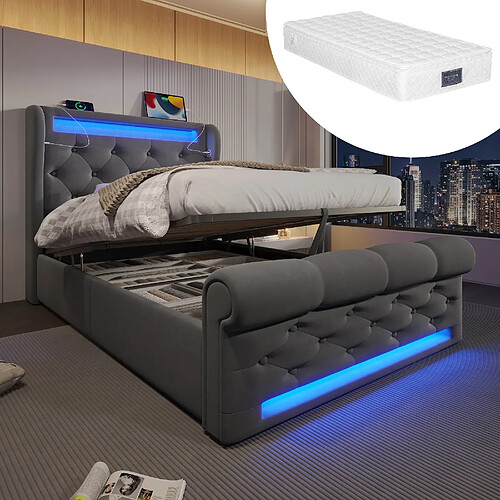 KOMHTOM Lit simple capitonné 90x200cm,LED 360°,rangement USB-C,hydraulique velours,matelas,gris