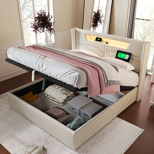 KOMHTOM Lit double 140x200cm avec matelas 620 ressorts, coffre, LED RGB, USB-C, lin beige