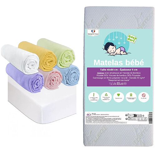 EASY DORT Matelas 40x80 + 6 Draps housse Multi + 2 Alèses Coton