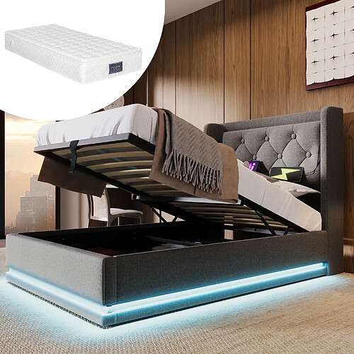 KOMHTOM Lit simple 90x200 cm, LED 3 côtés, télécommande, 2 USB, tête capitonnée, matelas, beige