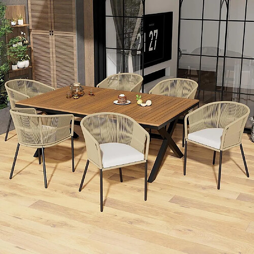 KOMHTOM Salon de jardin 7 pièces corde, 6 fauteuils, table acacia, coussins lavables, gris