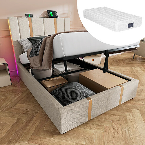 KOMHTOM Lit 90x200cm avec matelas 406 ressorts, coffre hydraulique, LED RGB APP, USB-C, beige
